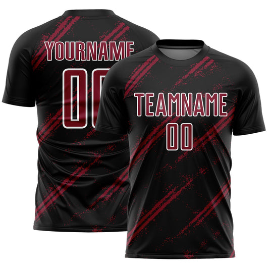 Custom Black Crimson-White Abstract Fragment Art Splash Sublimation Soccer Uniform Jersey - Main View