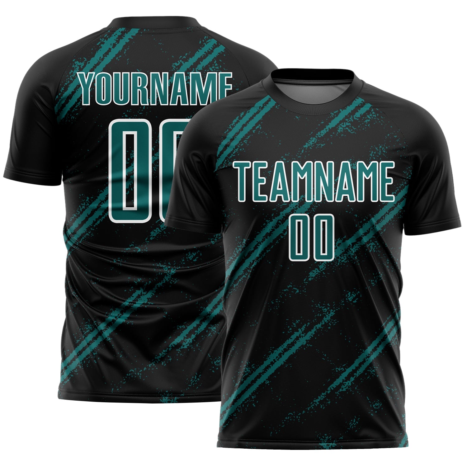 Custom Black Teal-White Abstract Fragment Art Splash Sublimation Soccer Uniform Jersey - Main View