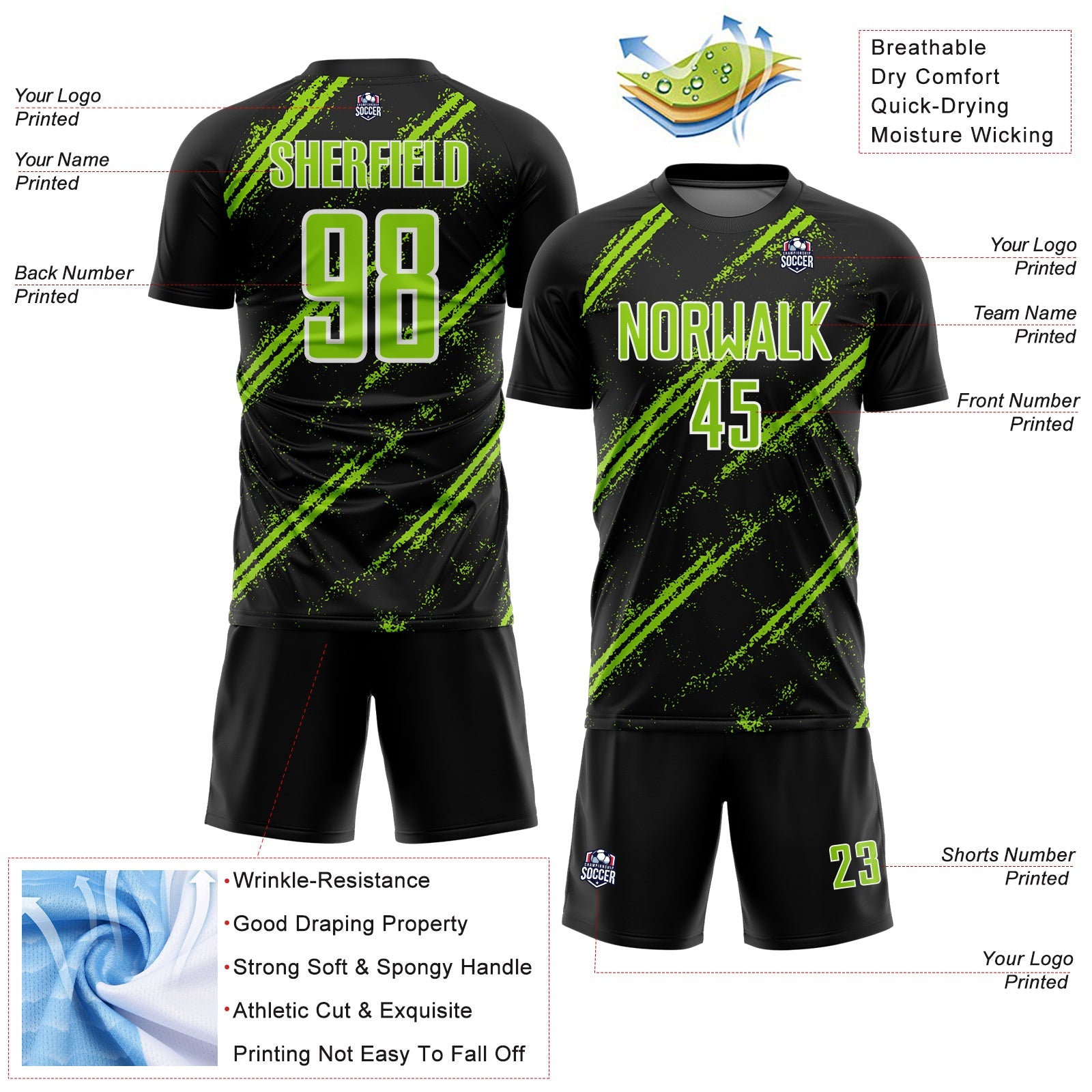 Custom Black Neon Green-White Abstract Fragment Art Splash Sublimation Soccer Uniform Jersey view 4