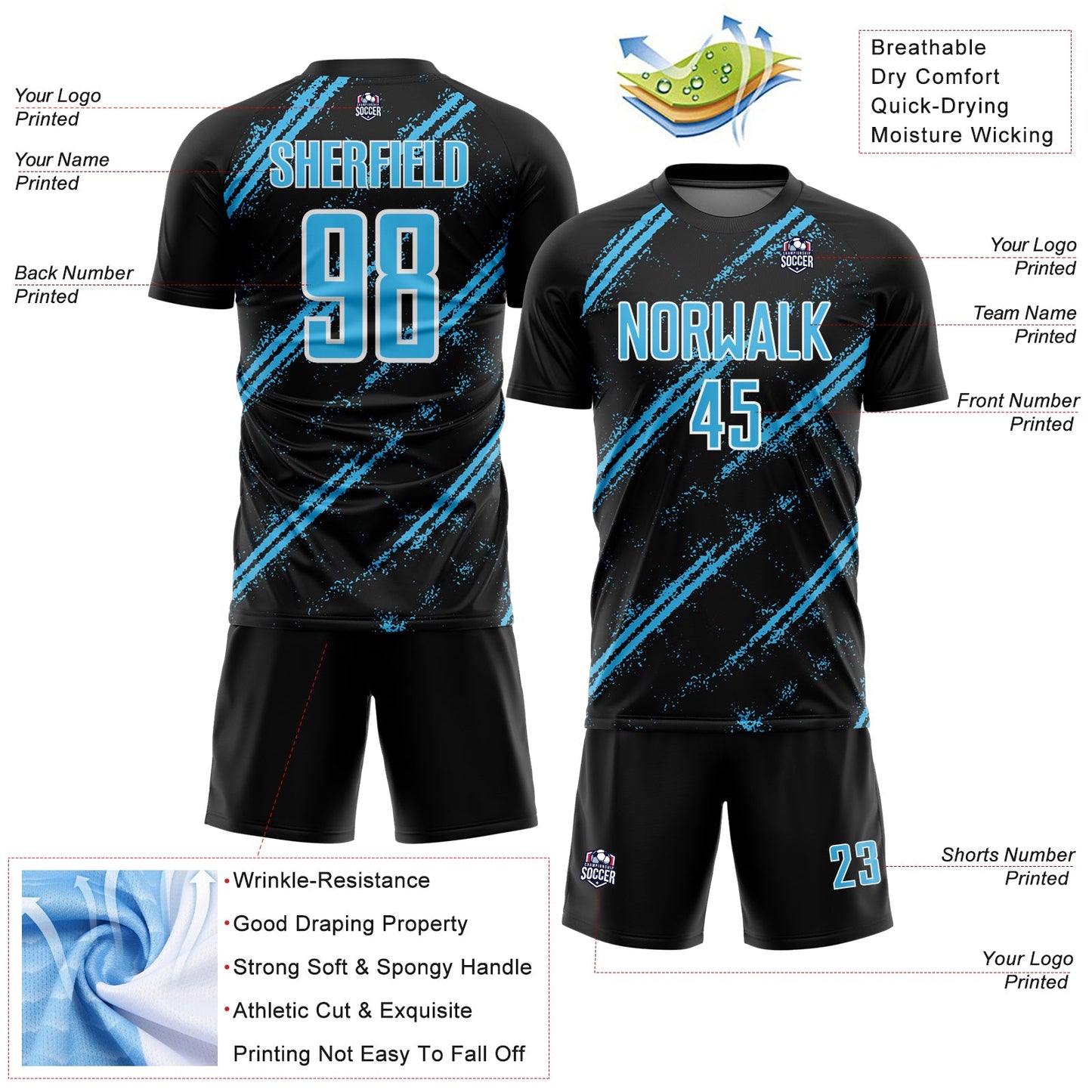 Custom Black Sky Blue-White Abstract Fragment Art Splash Sublimation Soccer Uniform Jersey view 4