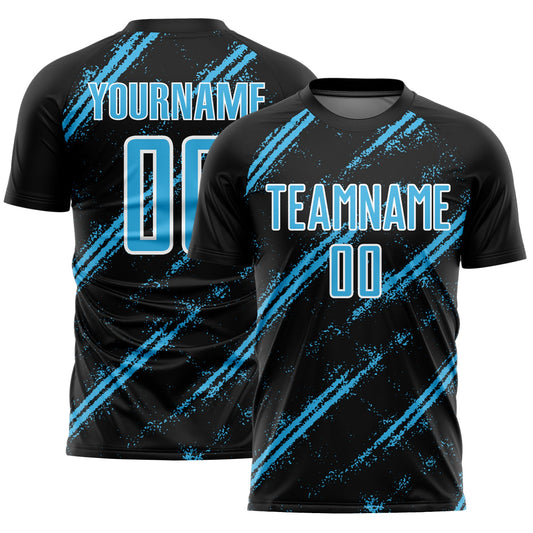 Custom Black Sky Blue-White Abstract Fragment Art Splash Sublimation Soccer Uniform Jersey - Main View