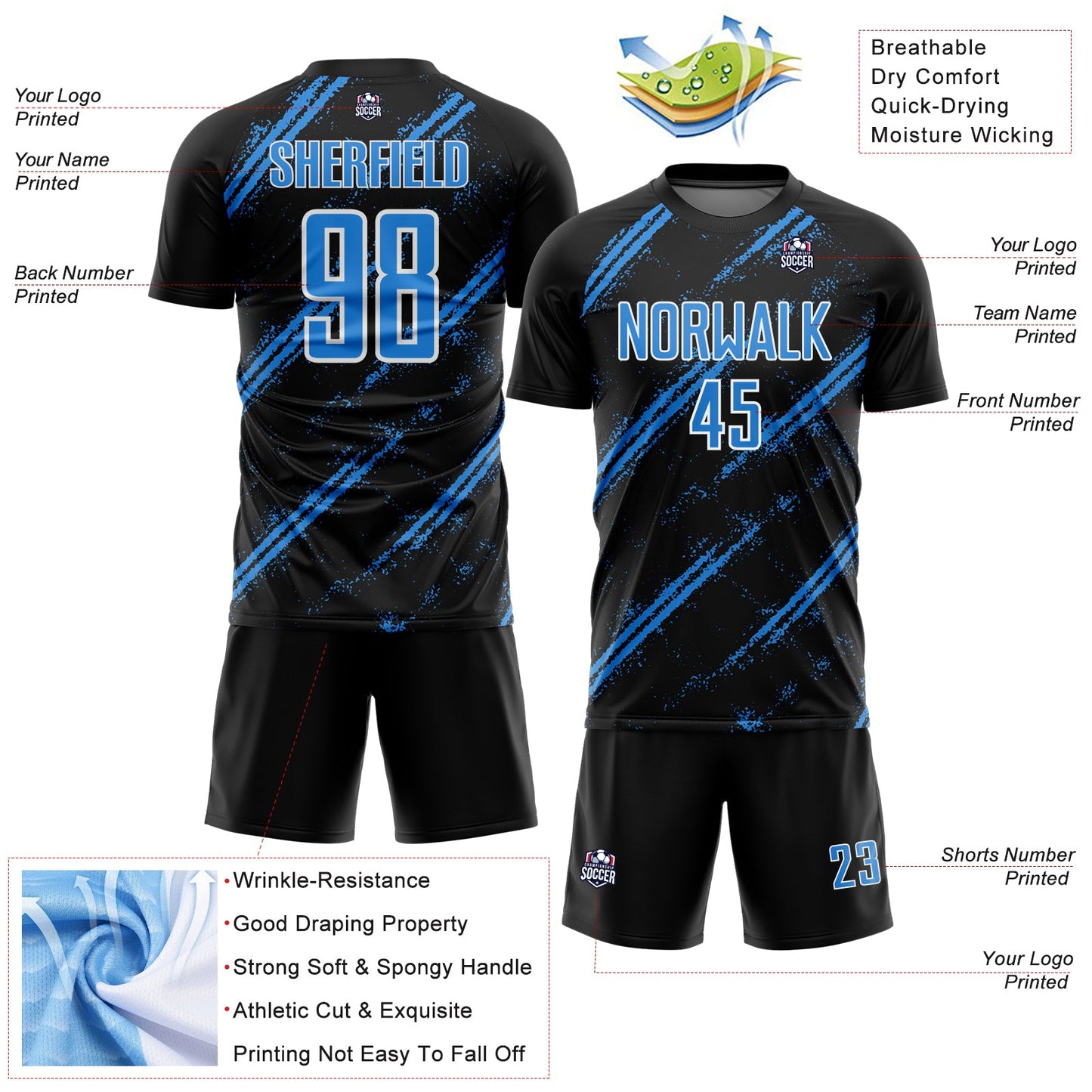 Custom Black Powder Blue-White Abstract Fragment Art Splash Sublimation Soccer Uniform Jersey view 4