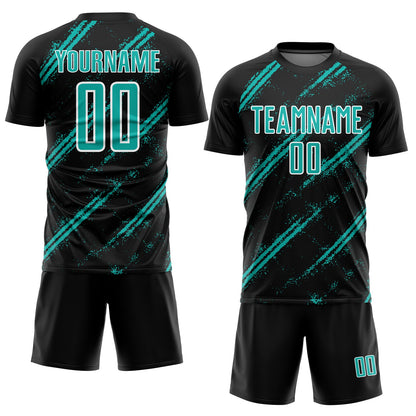 Custom Black Aqua-White Abstract Fragment Art Splash Sublimation Soccer Uniform Jersey view 2