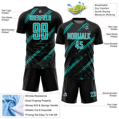 Custom Black Aqua-White Abstract Fragment Art Splash Sublimation Soccer Uniform Jersey view 4