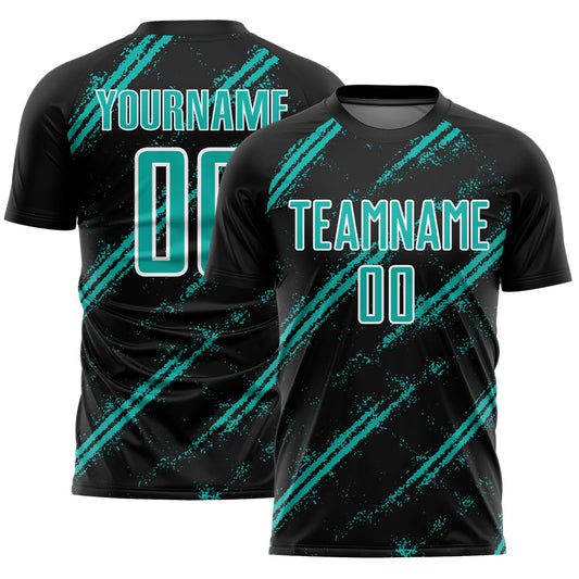 Custom Black Aqua-White Abstract Fragment Art Splash Sublimation Soccer Uniform Jersey - Main View