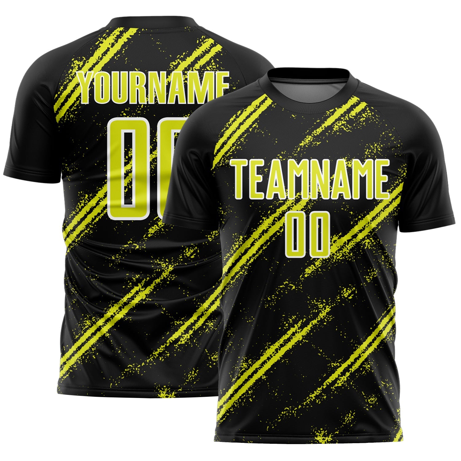 Custom Black Neon Yellow-White Abstract Fragment Art Splash Sublimation Soccer Uniform Jersey - Main View