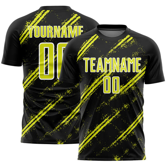 Custom Black Neon Yellow-White Abstract Fragment Art Splash Sublimation Soccer Uniform Jersey - Main View