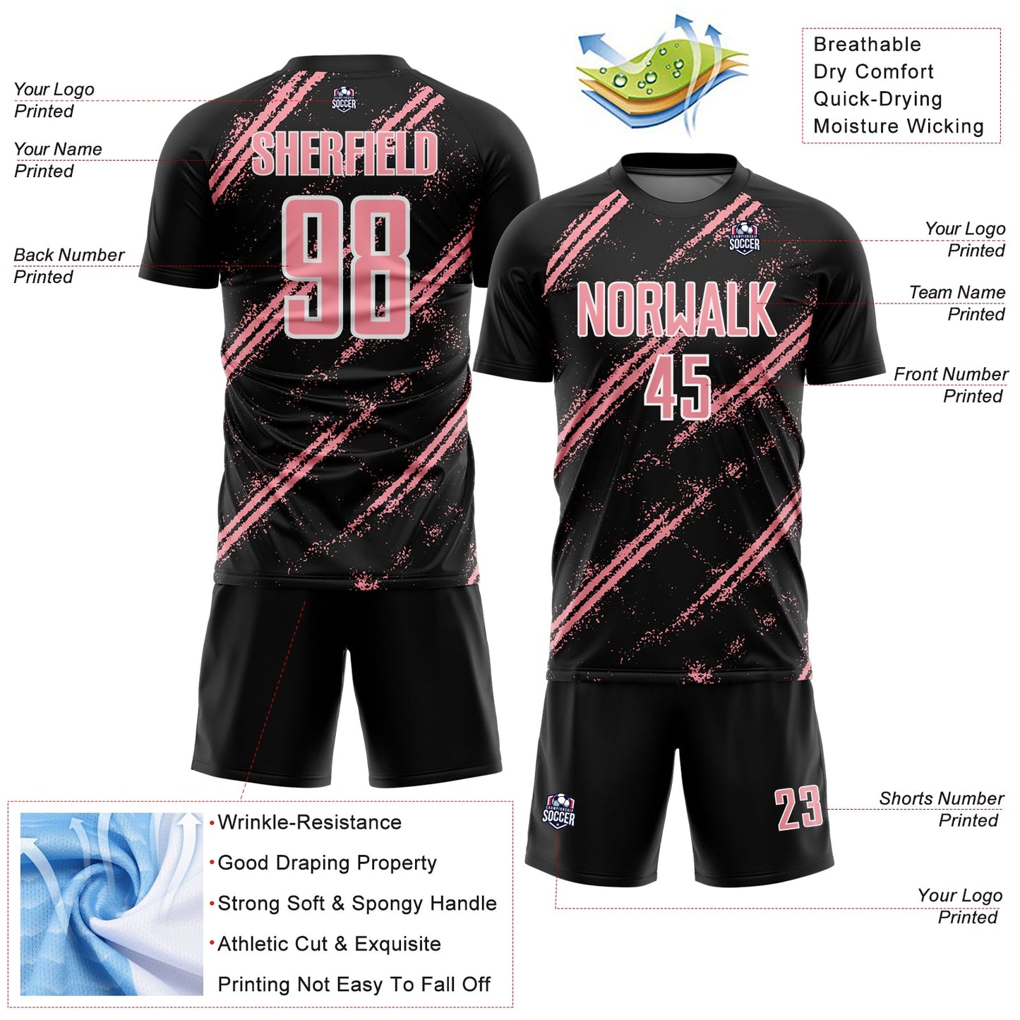Custom Black Medium Pink-White Abstract Fragment Art Splash Sublimation Soccer Uniform Jersey view 4