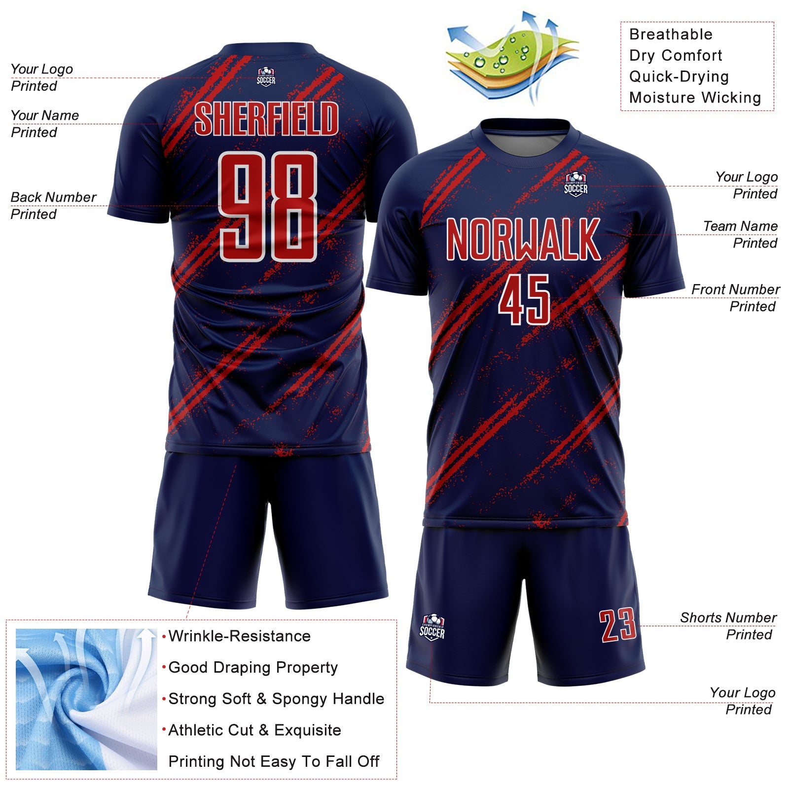 Custom Navy Red-White Abstract Fragment Art Splash Sublimation Soccer Uniform Jersey view 4