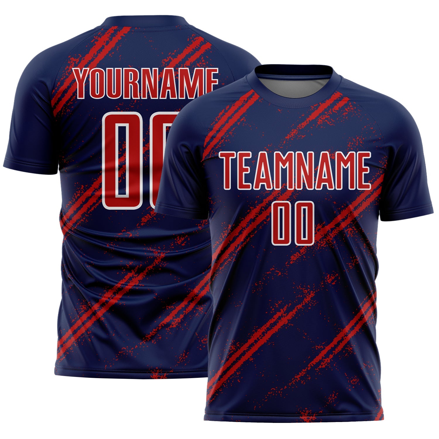 Custom Navy Red-White Abstract Fragment Art Splash Sublimation Soccer Uniform Jersey - Main View