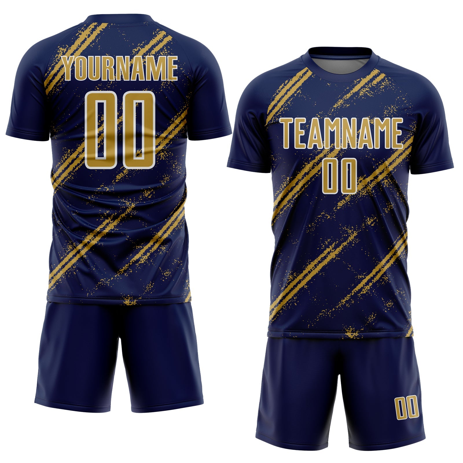 Custom Navy Old Gold-White Abstract Fragment Art Splash Sublimation Soccer Uniform Jersey view 2