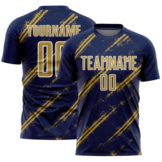 Custom Navy Old Gold-White Abstract Fragment Art Splash Sublimation Soccer Uniform Jersey - Main View