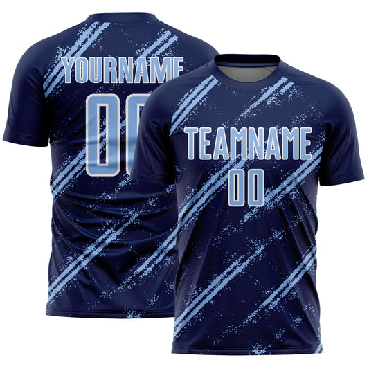 Custom Navy Light Blue-White Abstract Fragment Art Splash Sublimation Soccer Uniform Jersey - Main View