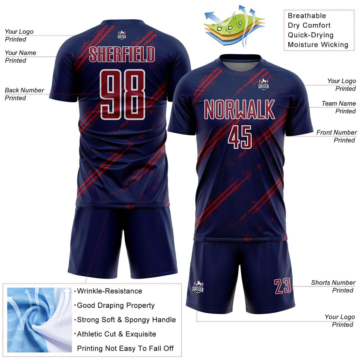 Custom Navy Crimson-White Abstract Fragment Art Splash Sublimation Soccer Uniform Jersey view 4
