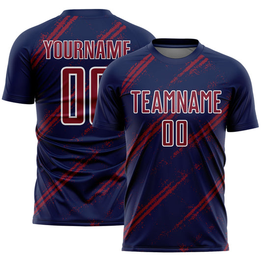 Custom Navy Crimson-White Abstract Fragment Art Splash Sublimation Soccer Uniform Jersey - Main View