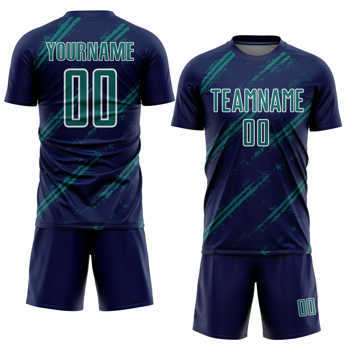 Custom Navy Teal-White Abstract Fragment Art Splash Sublimation Soccer Uniform Jersey view 2