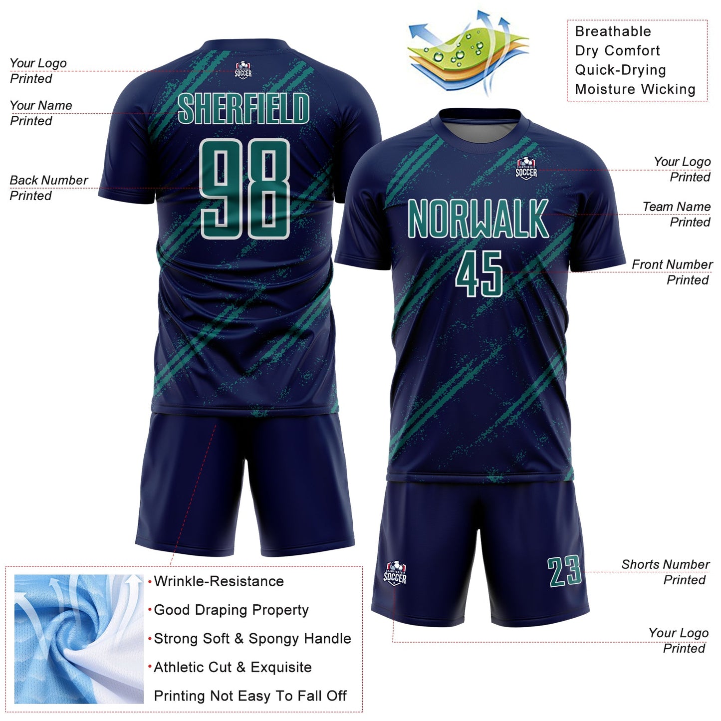 Custom Navy Teal-White Abstract Fragment Art Splash Sublimation Soccer Uniform Jersey view 4