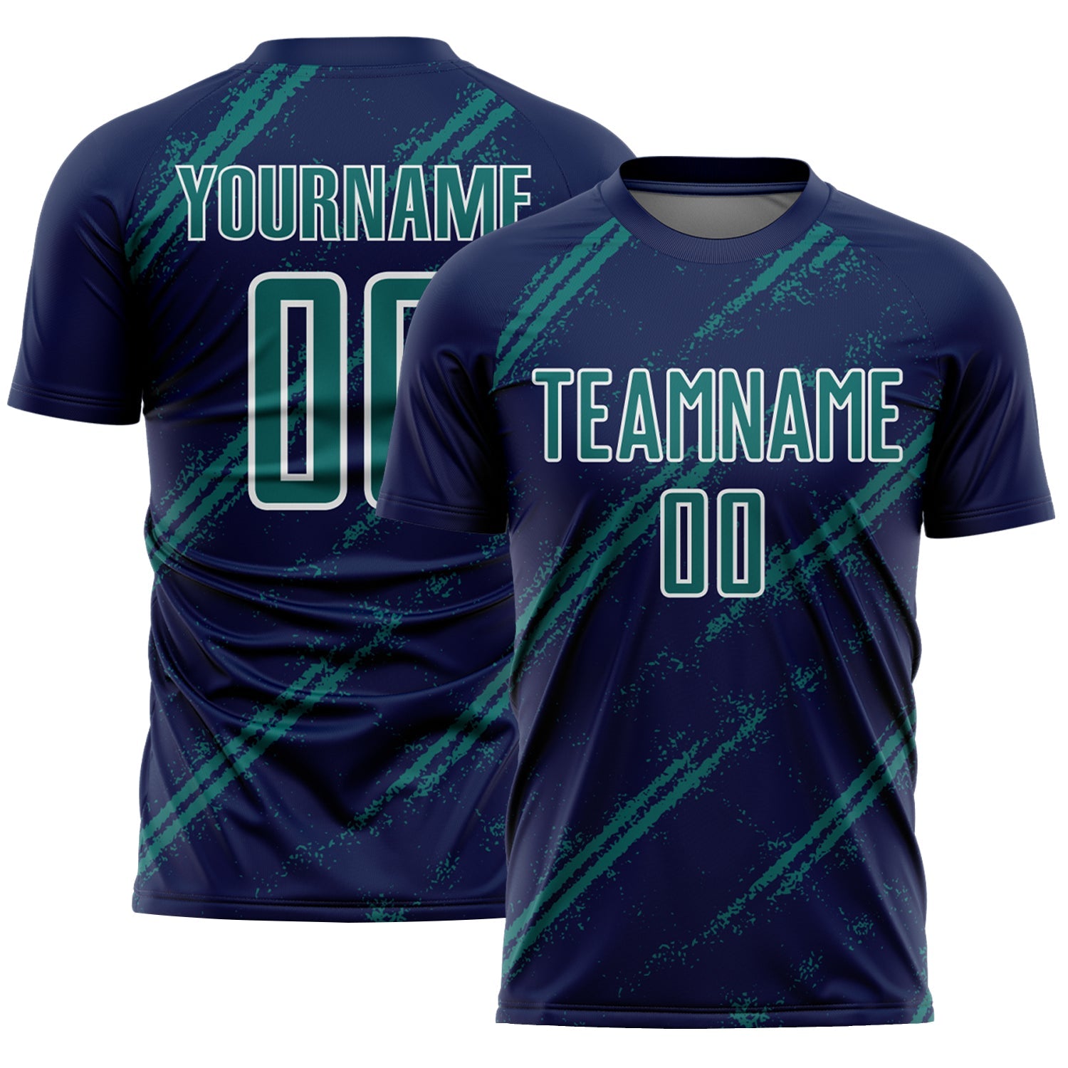 Custom Navy Teal-White Abstract Fragment Art Splash Sublimation Soccer Uniform Jersey - Main View