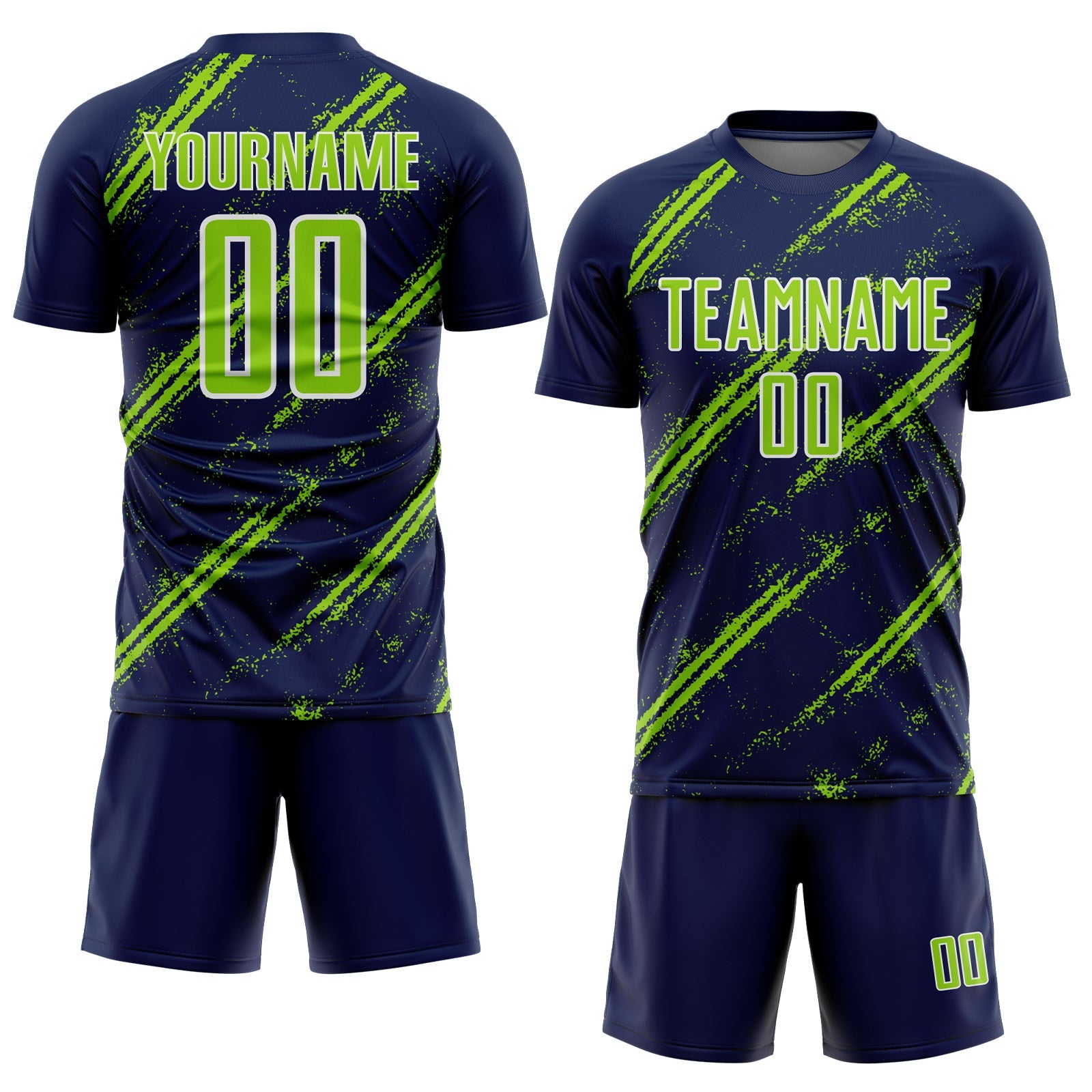 Custom Navy Neon Green-White Abstract Fragment Art Splash Sublimation Soccer Uniform Jersey view 2