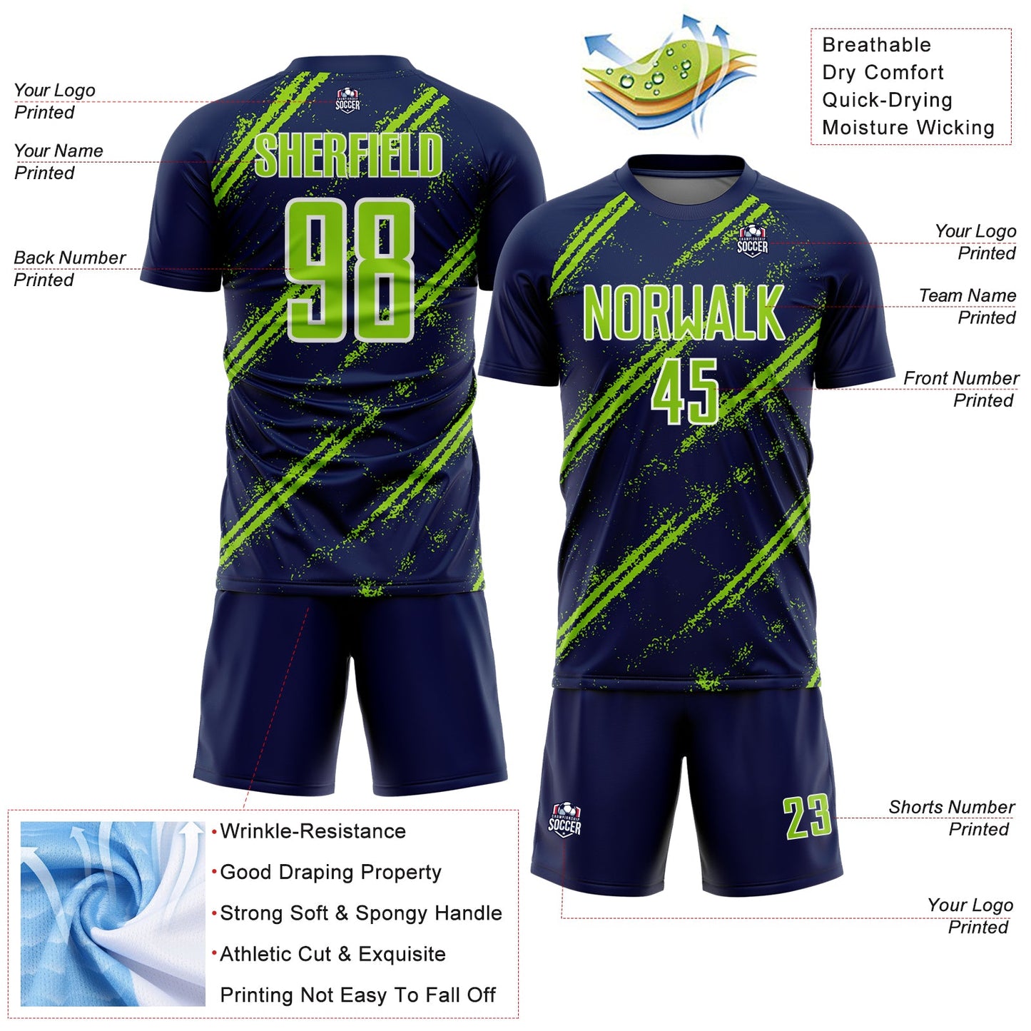 Custom Navy Neon Green-White Abstract Fragment Art Splash Sublimation Soccer Uniform Jersey view 4