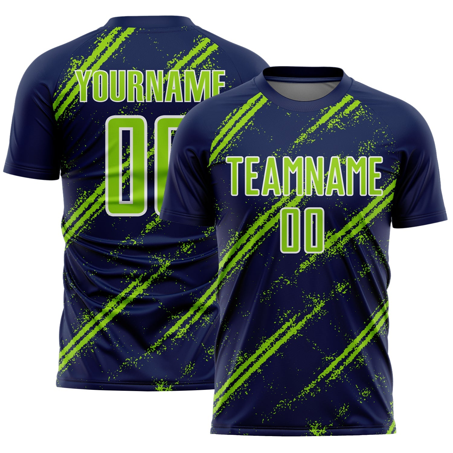 Custom Navy Neon Green-White Abstract Fragment Art Splash Sublimation Soccer Uniform Jersey - Main View