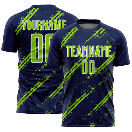 Custom Navy Neon Green-White Abstract Fragment Art Splash Sublimation Soccer Uniform Jersey - Main View