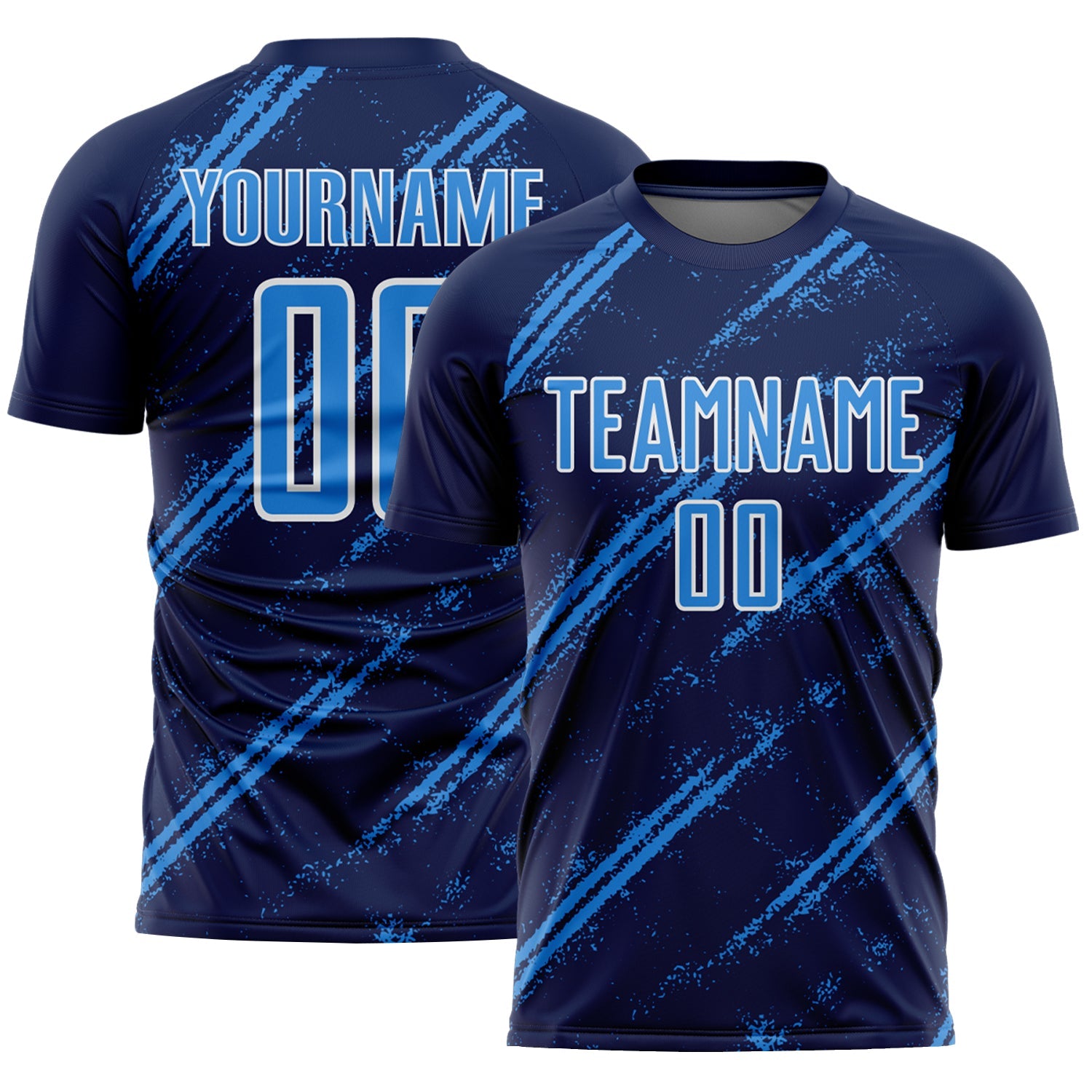 Custom Navy Powder Blue-White Abstract Fragment Art Splash Sublimation Soccer Uniform Jersey - Main View
