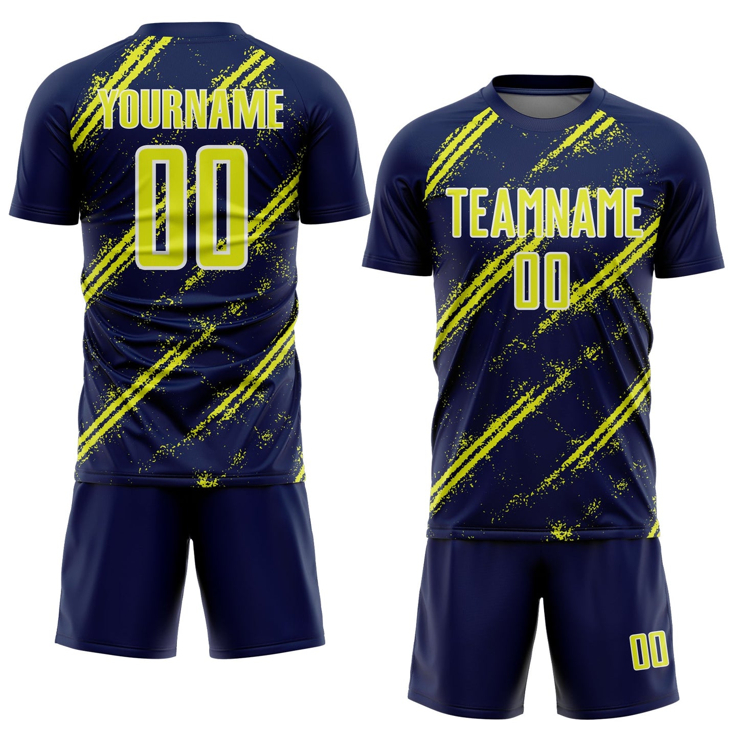Custom Navy Neon Yellow-White Abstract Fragment Art Splash Sublimation Soccer Uniform Jersey view 2