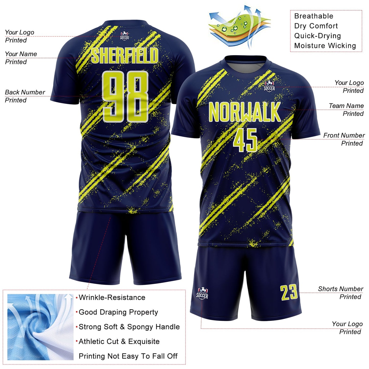 Custom Navy Neon Yellow-White Abstract Fragment Art Splash Sublimation Soccer Uniform Jersey view 4
