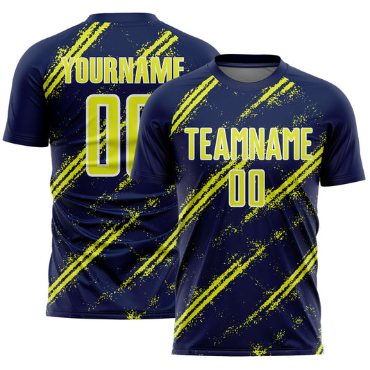 Custom Navy Neon Yellow-White Abstract Fragment Art Splash Sublimation Soccer Uniform Jersey - Main View