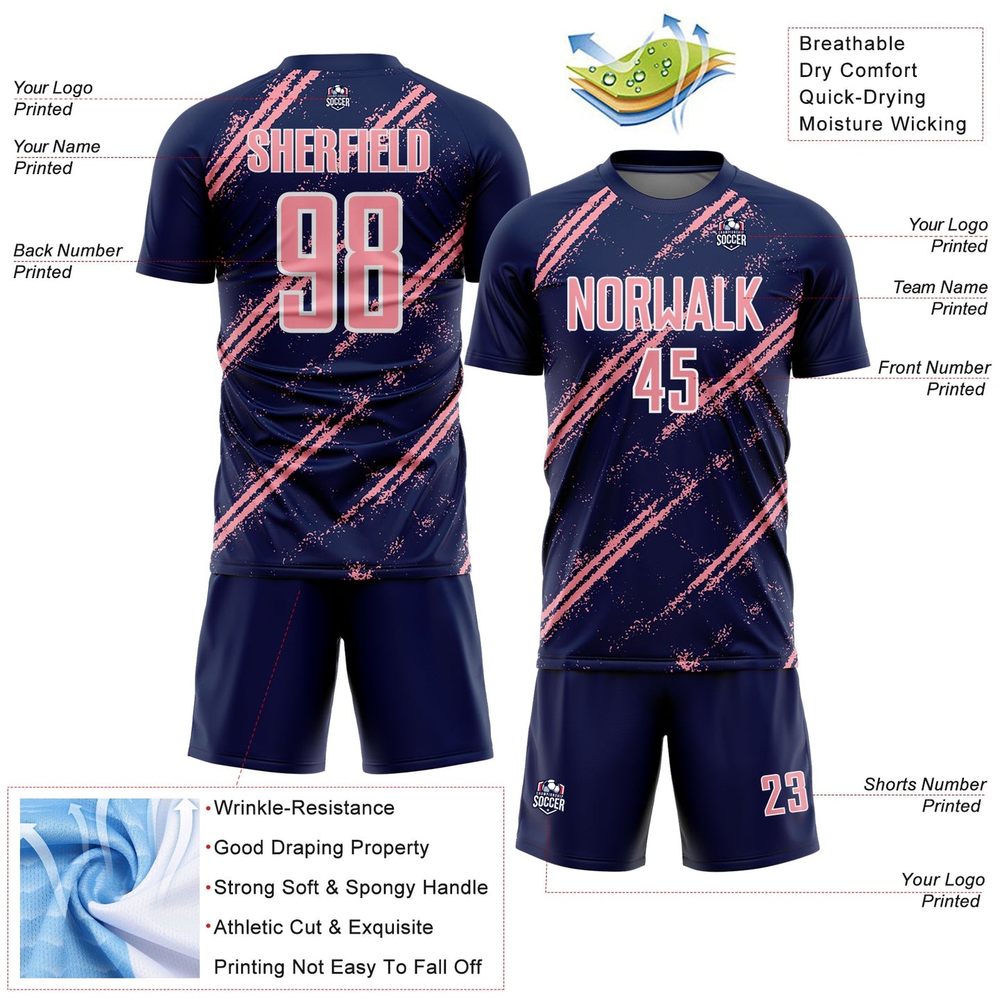 Custom Navy Medium Pink-White Abstract Fragment Art Splash Sublimation Soccer Uniform Jersey view 4