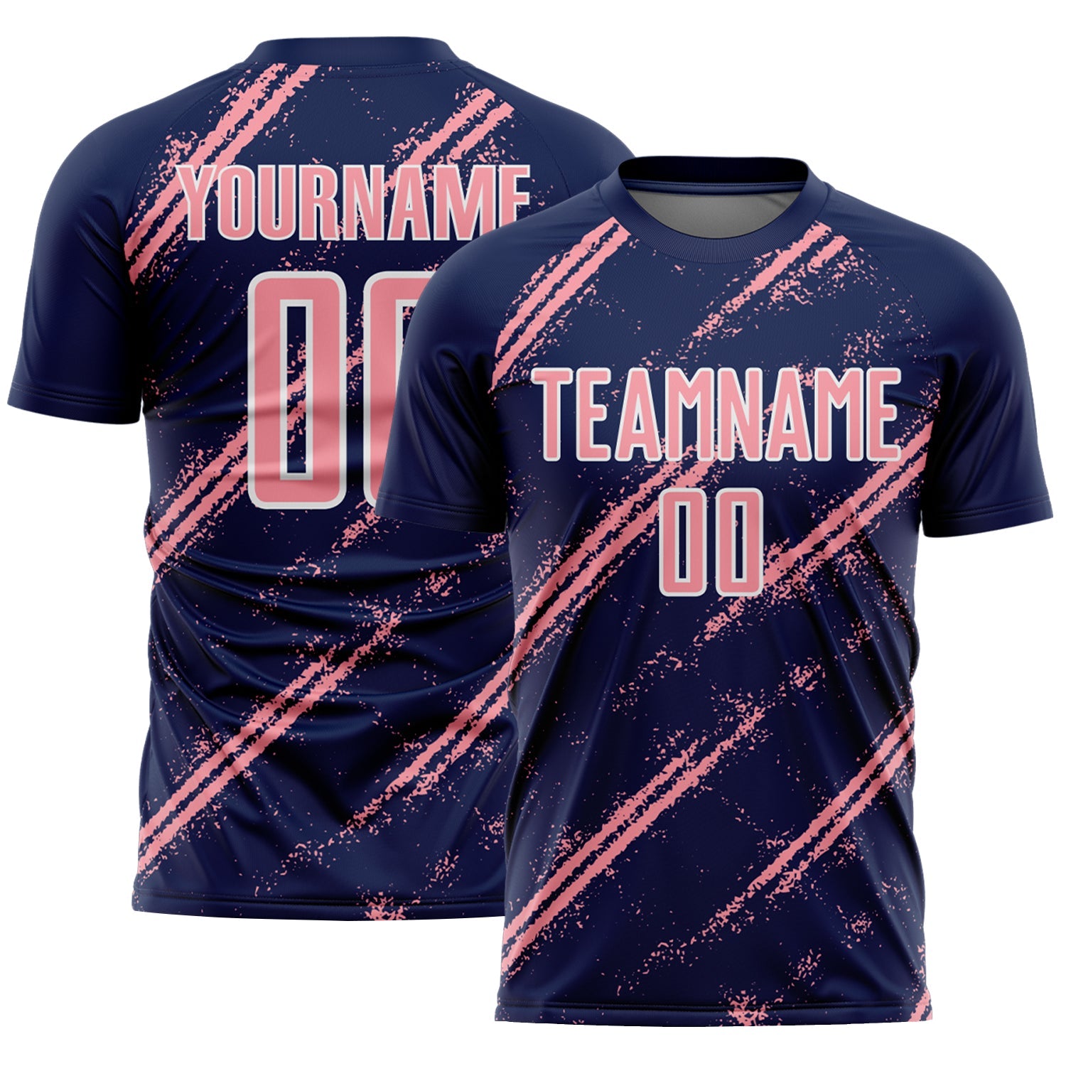 Custom Navy Medium Pink-White Abstract Fragment Art Splash Sublimation Soccer Uniform Jersey - Main View