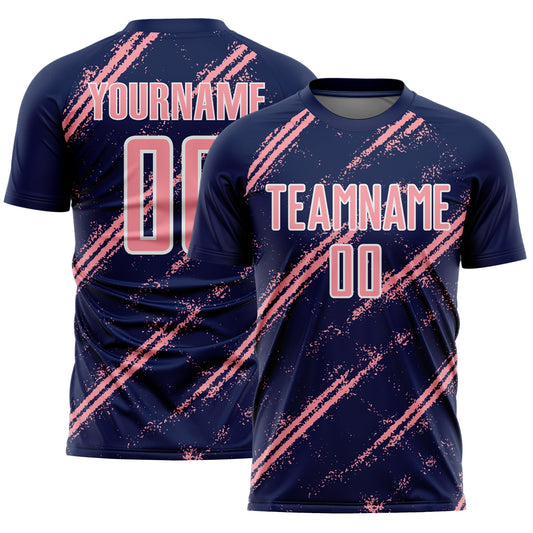 Custom Navy Medium Pink-White Abstract Fragment Art Splash Sublimation Soccer Uniform Jersey - Main View
