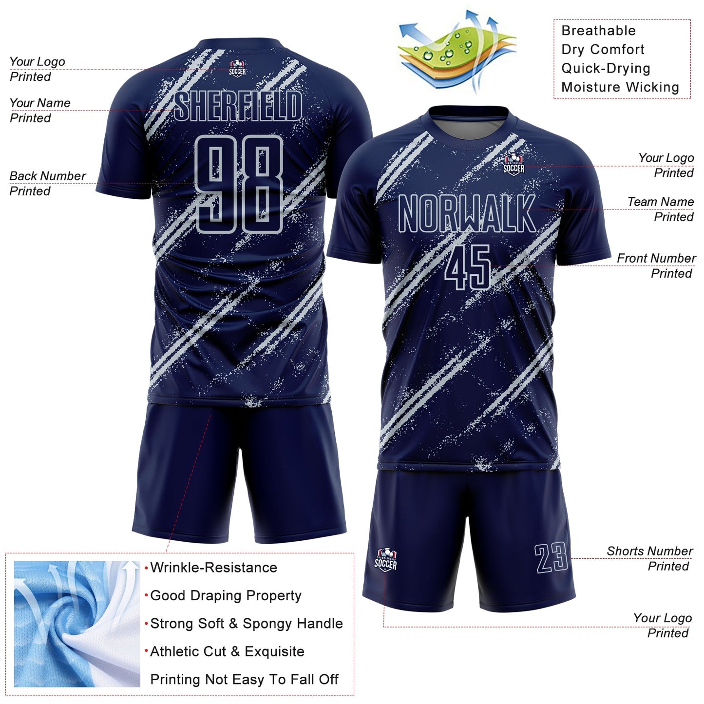 Custom Navy Silver Abstract Fragment Art Splash Sublimation Soccer Uniform Jersey view 4
