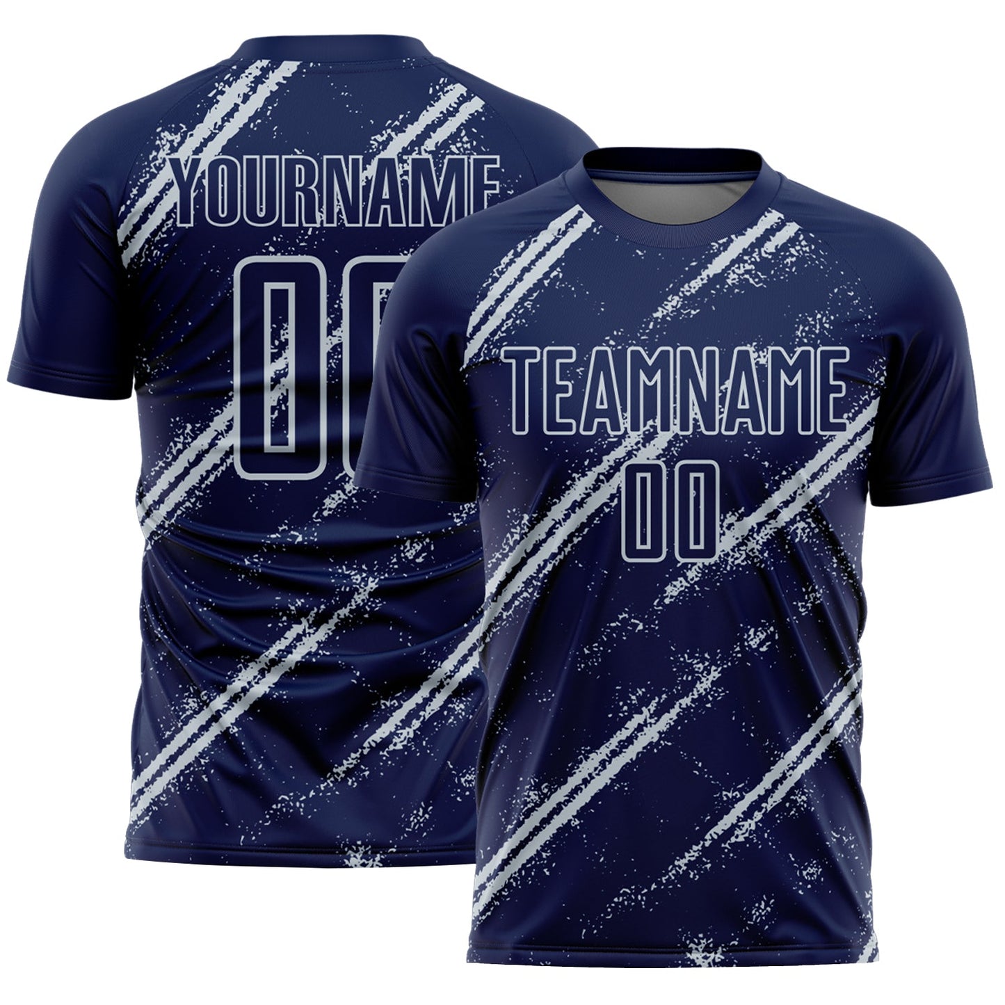 Custom Navy Silver Abstract Fragment Art Splash Sublimation Soccer Uniform Jersey - Main View