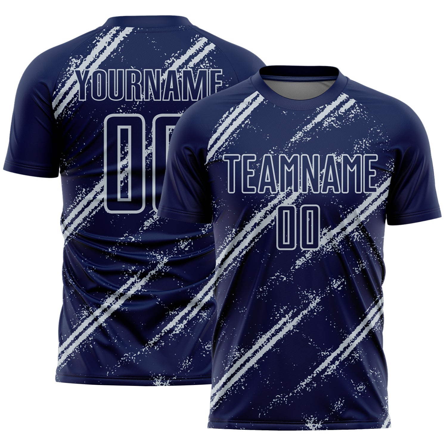 Custom Navy Silver Abstract Fragment Art Splash Sublimation Soccer Uniform Jersey - Main View
