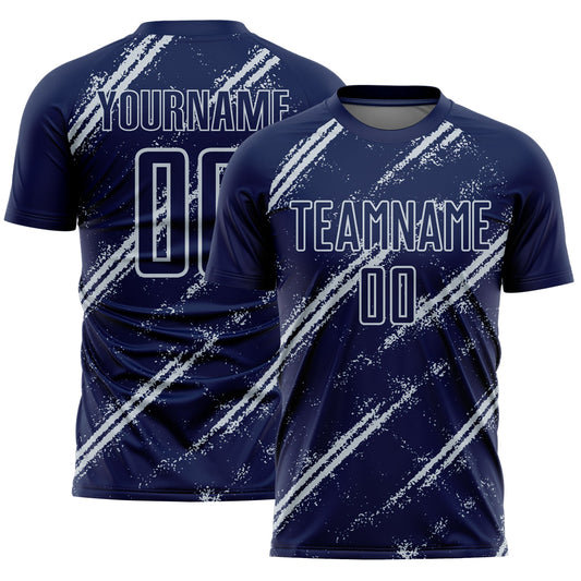 Custom Navy Silver Abstract Fragment Art Splash Sublimation Soccer Uniform Jersey - Main View