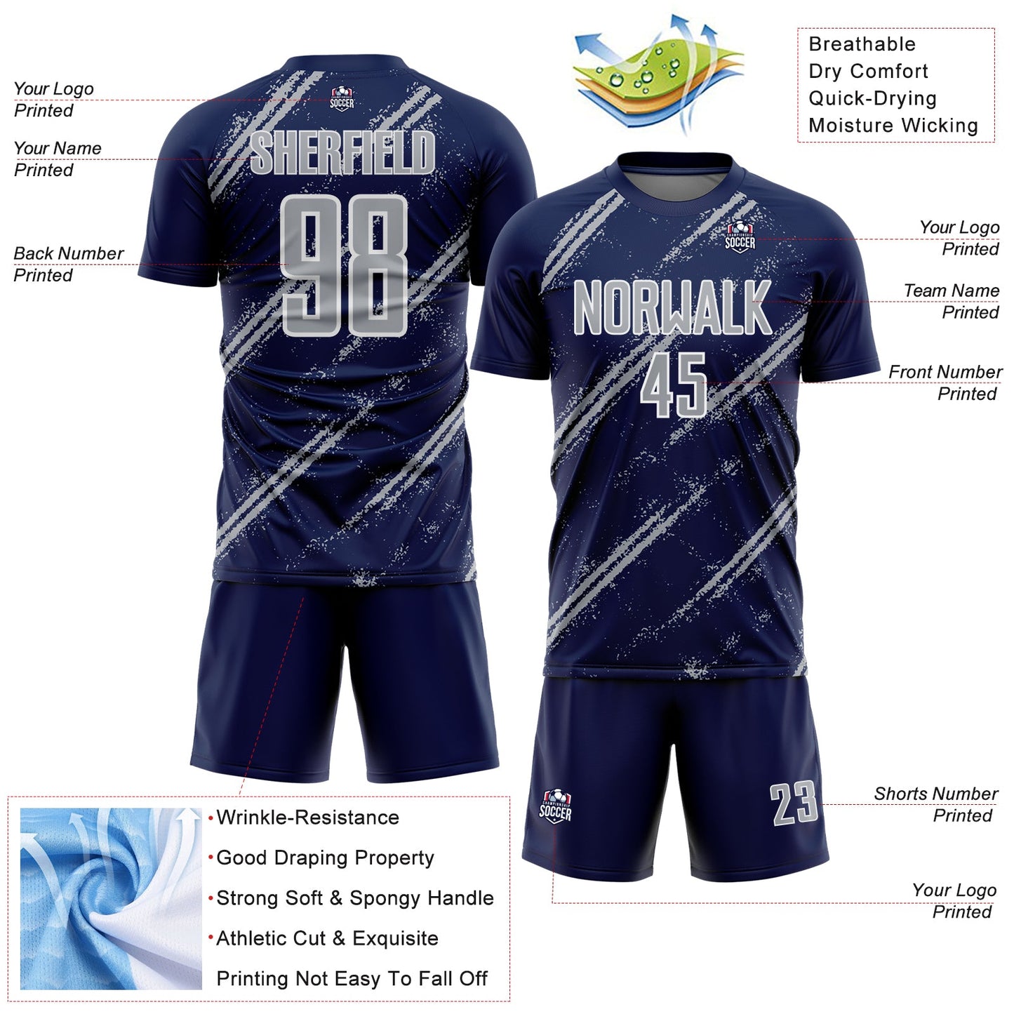 Custom Navy Gray-White Abstract Fragment Art Splash Sublimation Soccer Uniform Jersey view 4