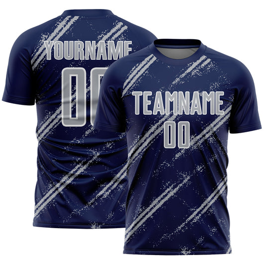 Custom Navy Gray-White Abstract Fragment Art Splash Sublimation Soccer Uniform Jersey - Main View