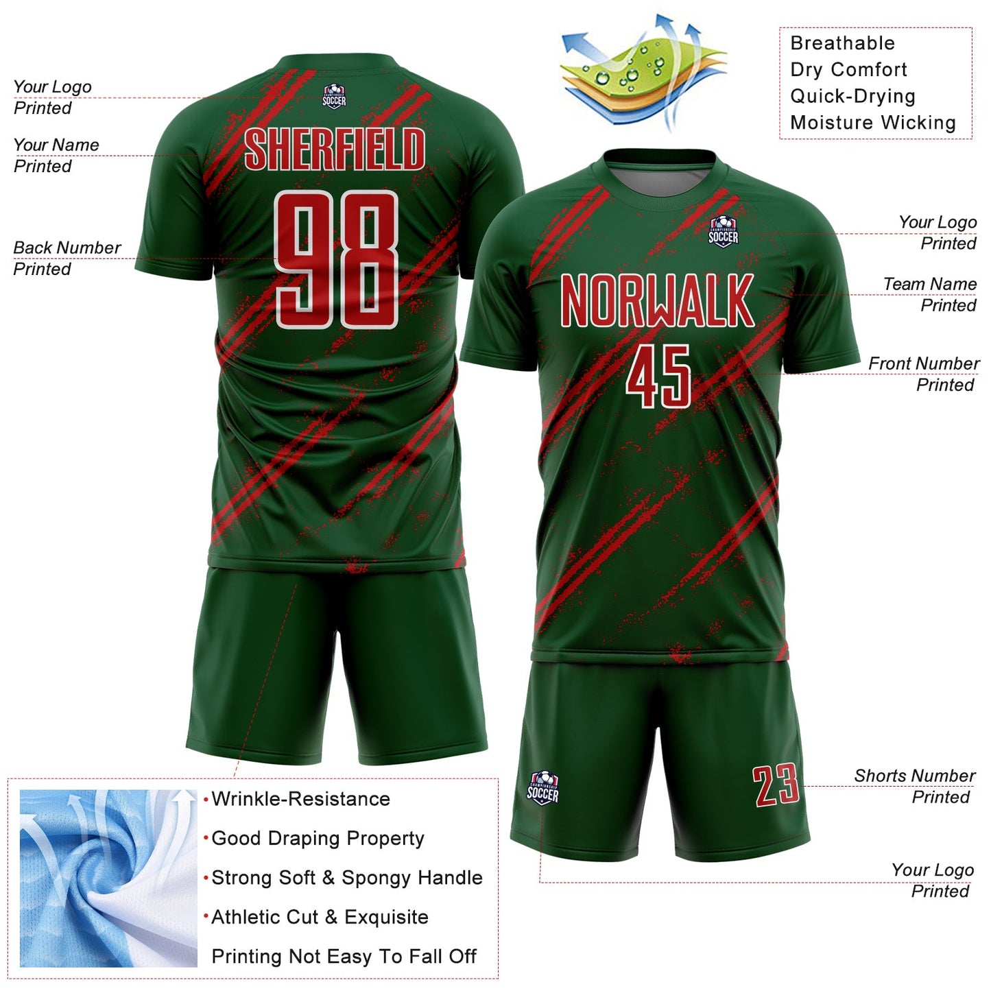Custom Green Red-White Abstract Fragment Art Splash Sublimation Soccer Uniform Jersey view 4