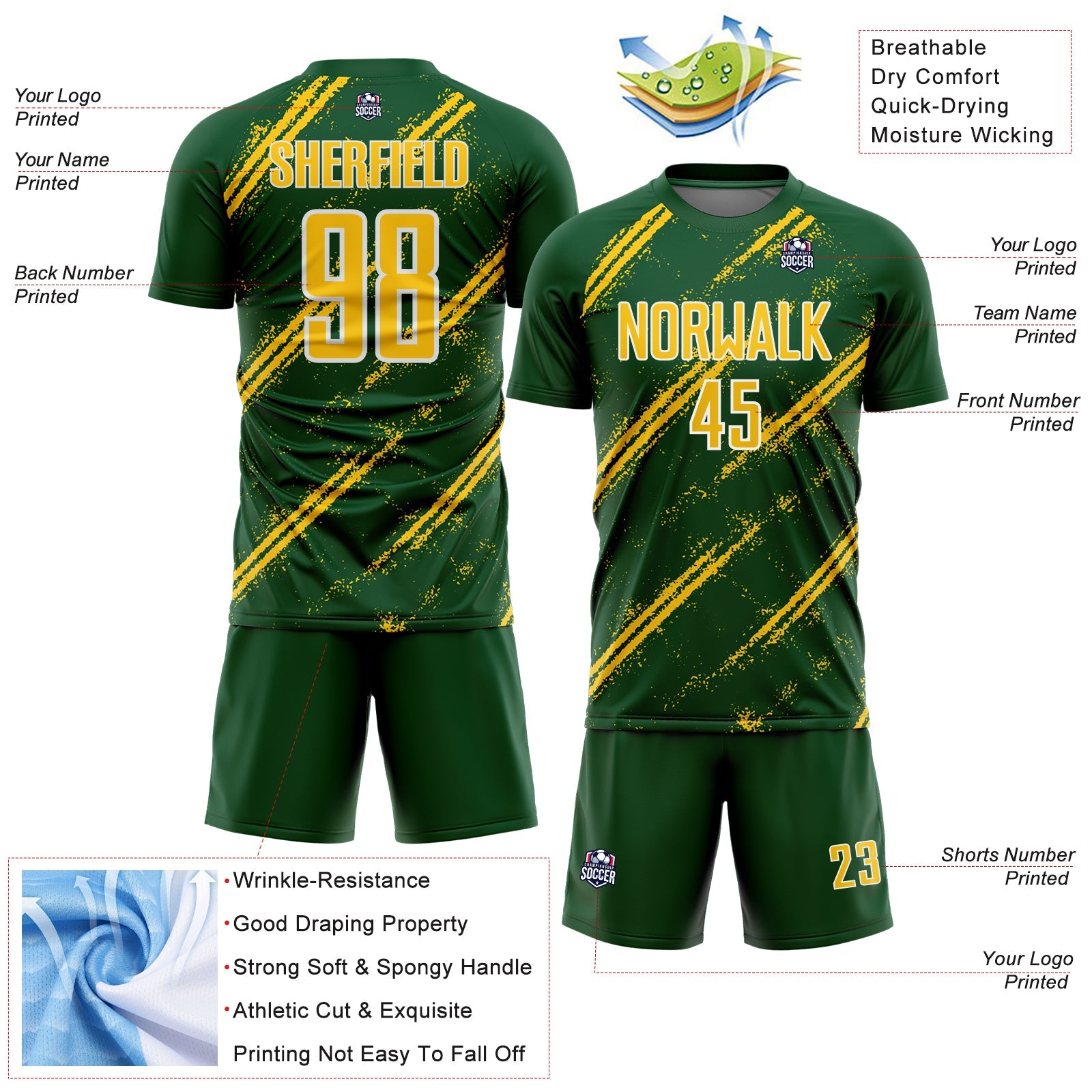 Custom Green Yellow-White Abstract Fragment Art Splash Sublimation Soccer Uniform Jersey view 4