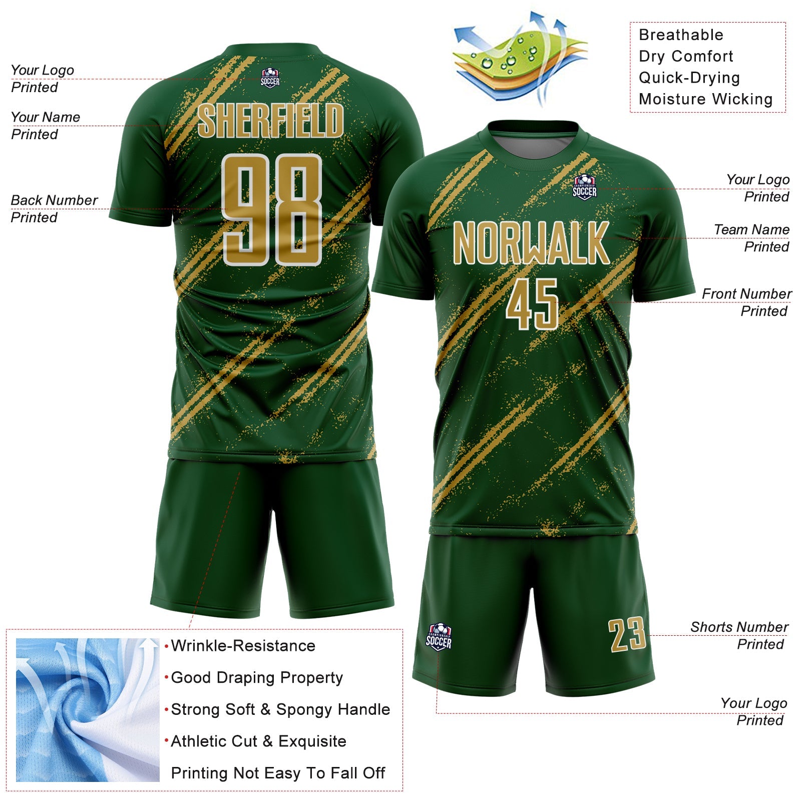 Custom Green Old Gold-White Abstract Fragment Art Splash Sublimation Soccer Uniform Jersey view 4