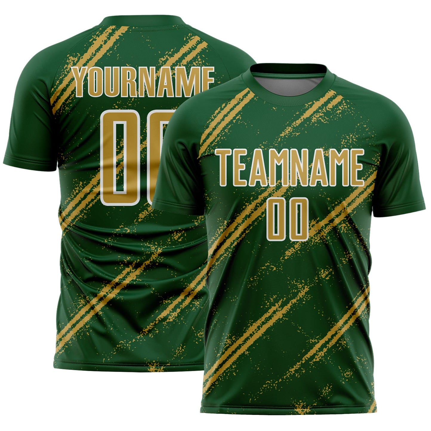 Custom Green Old Gold-White Abstract Fragment Art Splash Sublimation Soccer Uniform Jersey - Main View