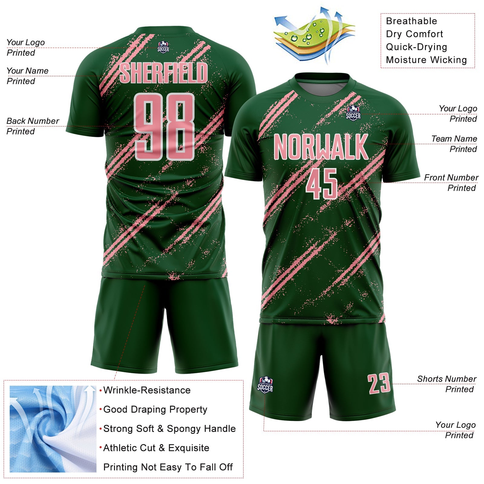 Custom Green Medium Pink-White Abstract Fragment Art Splash Sublimation Soccer Uniform Jersey view 4