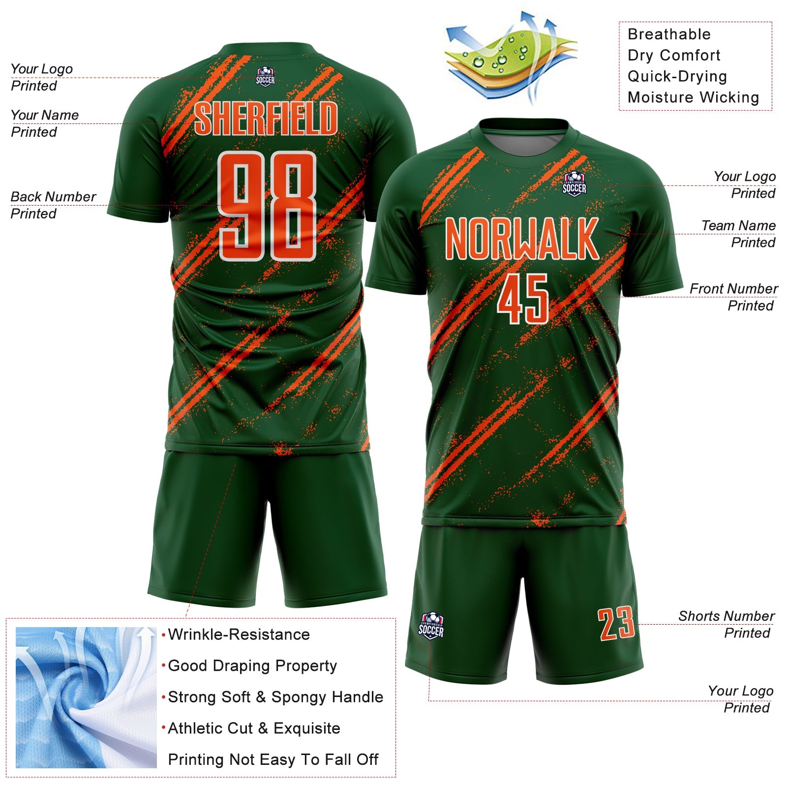 Custom Green Orange-White Abstract Fragment Art Splash Sublimation Soccer Uniform Jersey view 4