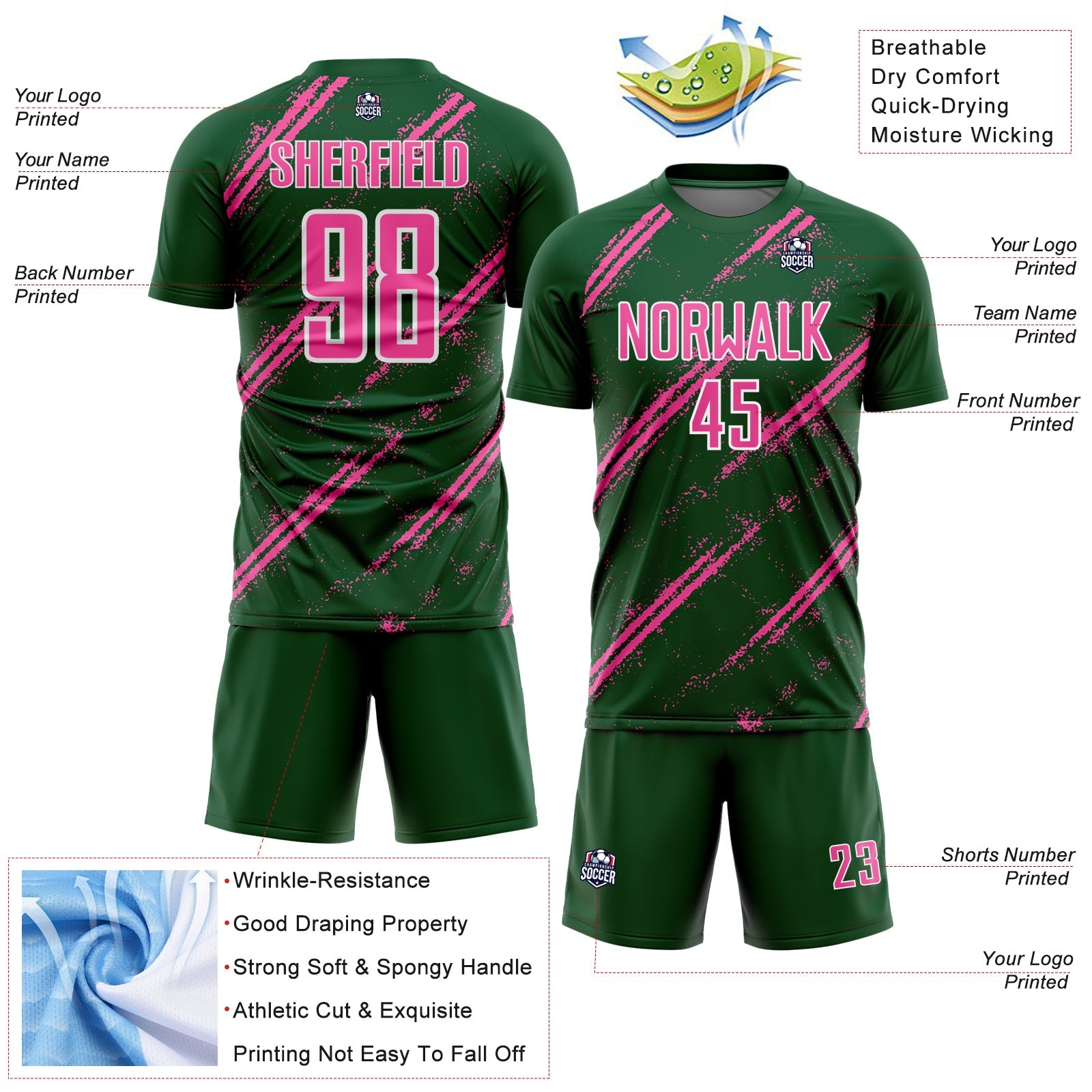 Custom Green Pink-White Abstract Fragment Art Splash Sublimation Soccer Uniform Jersey view 4