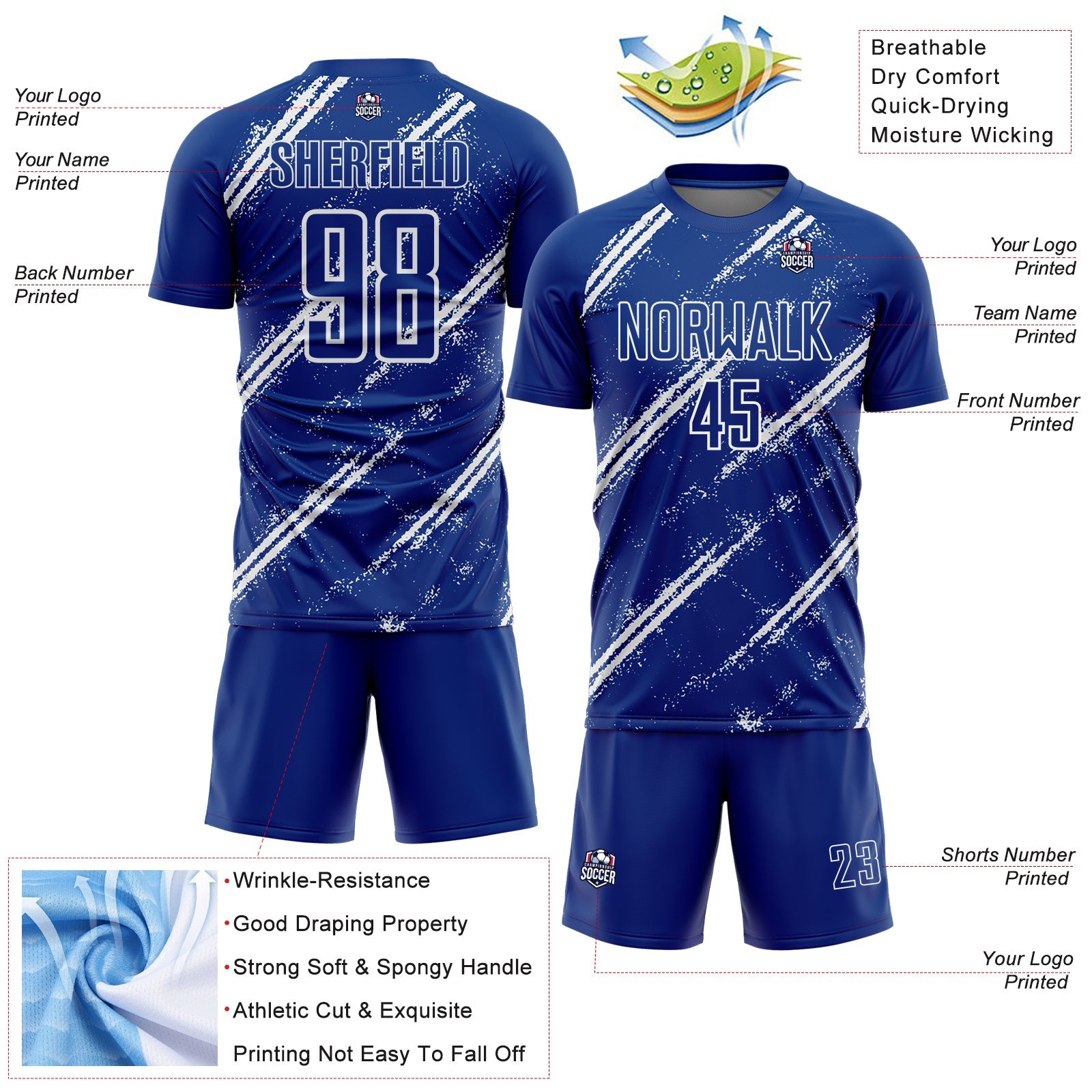 Custom Royal White Abstract Fragment Art Splash Sublimation Soccer Uniform Jersey view 4