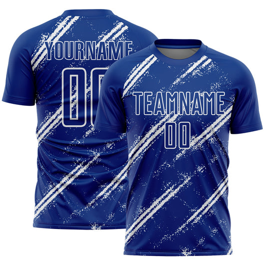 Custom Royal White Abstract Fragment Art Splash Sublimation Soccer Uniform Jersey - Main View