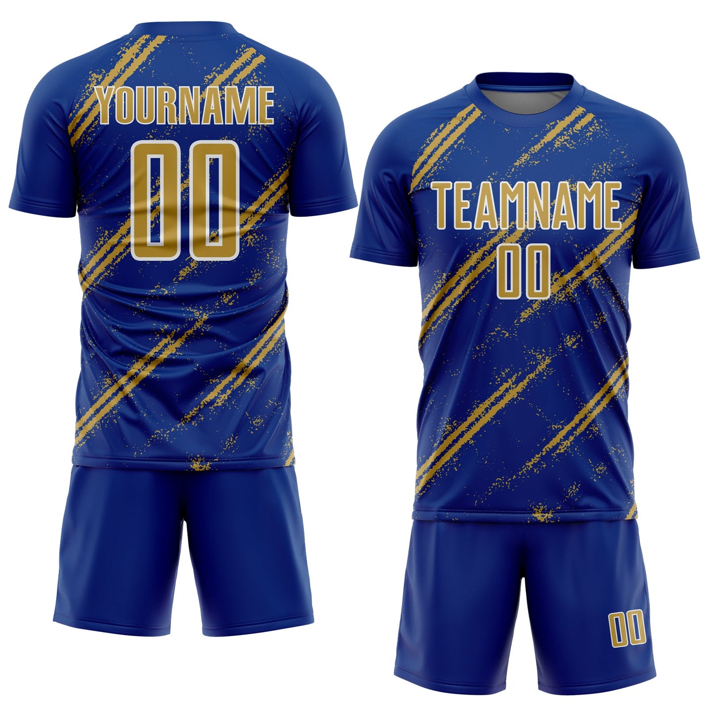 Custom Royal Old Gold-White Abstract Fragment Art Splash Sublimation Soccer Uniform Jersey view 2