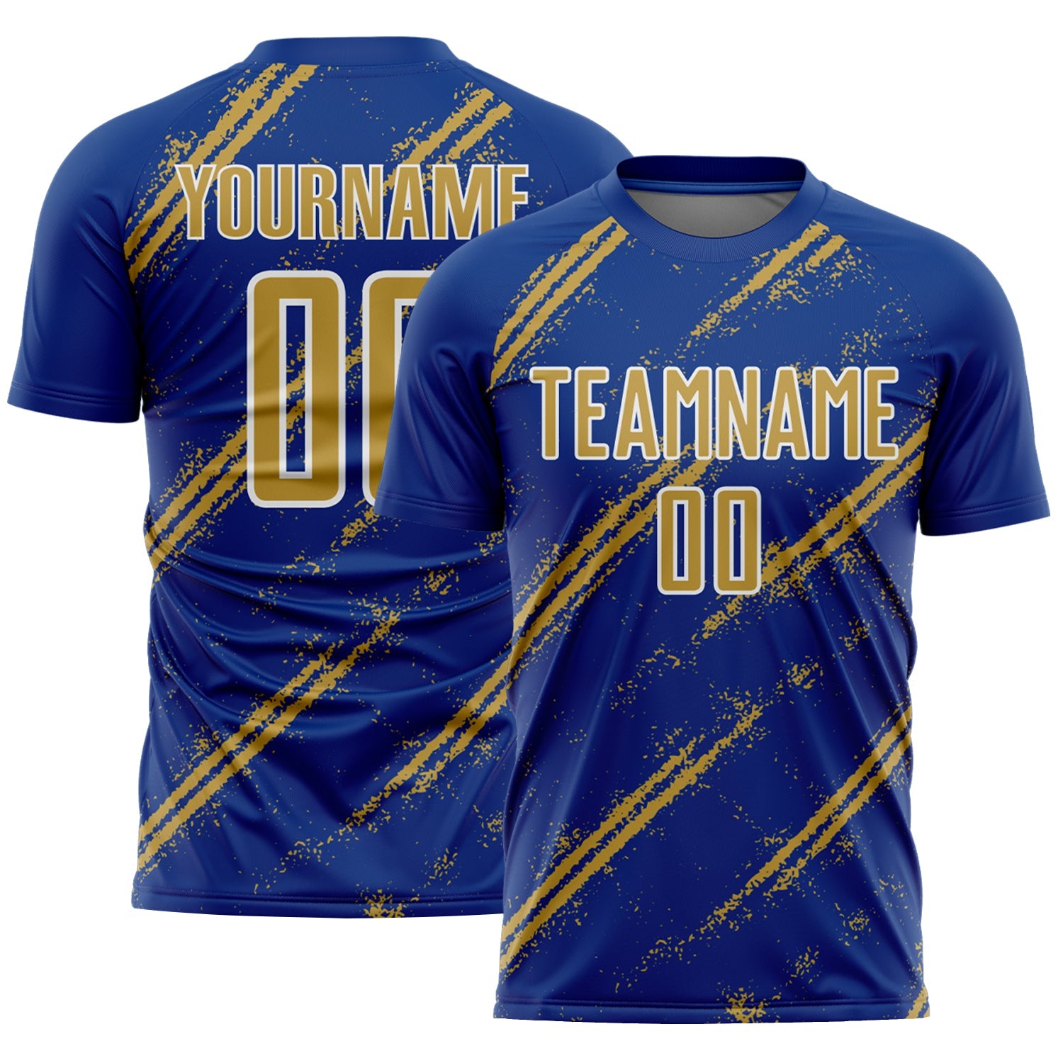 Custom Royal Old Gold-White Abstract Fragment Art Splash Sublimation Soccer Uniform Jersey - Main View
